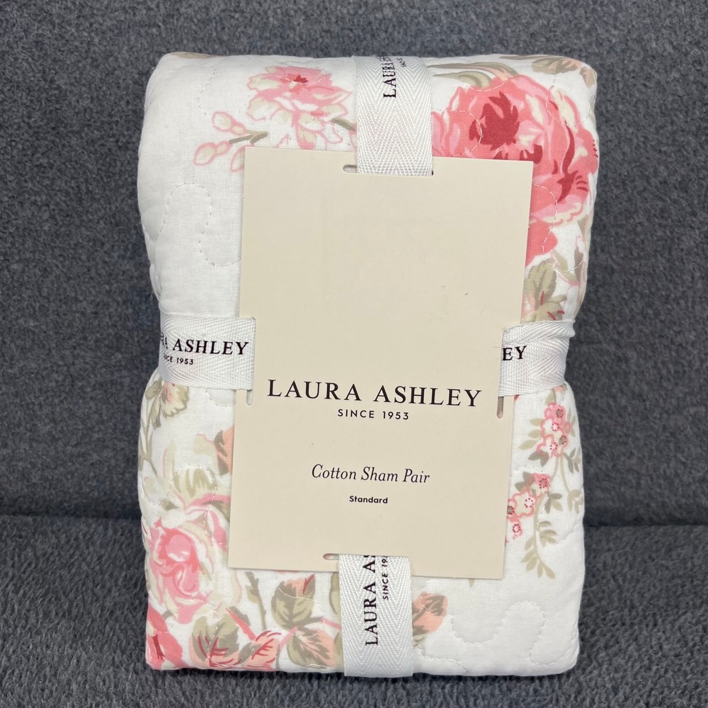 Laura Ashley Cotton Sham Pair Standard Pink Floral Linley Stripe Quilted 2pc NEW